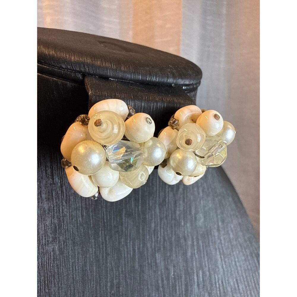 Vintage Art Glass Pearl and Crystal Clipon Earrings